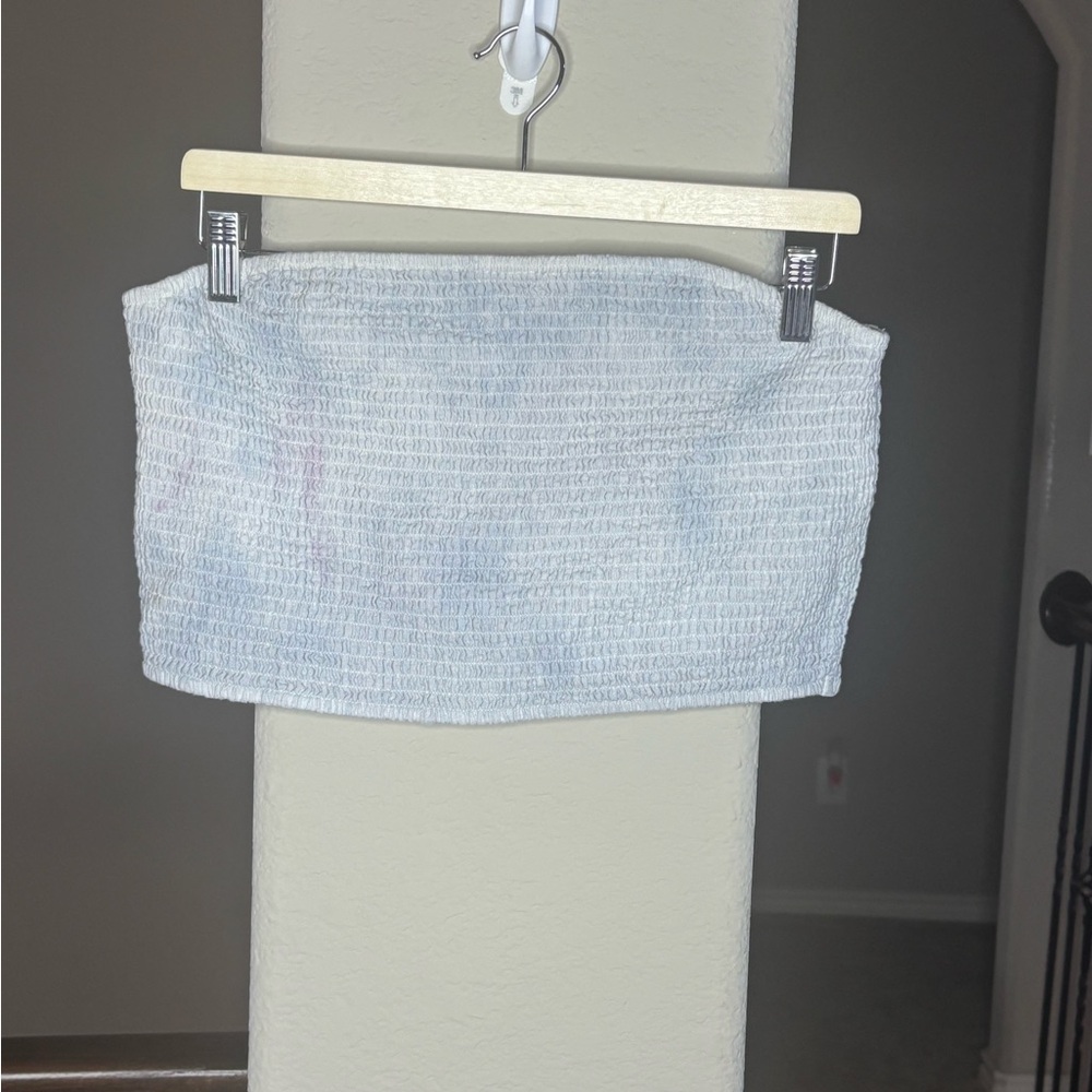 American Eagle White and Blue Tie Dye Cropped Strapless Elastic Top Cotton Blend